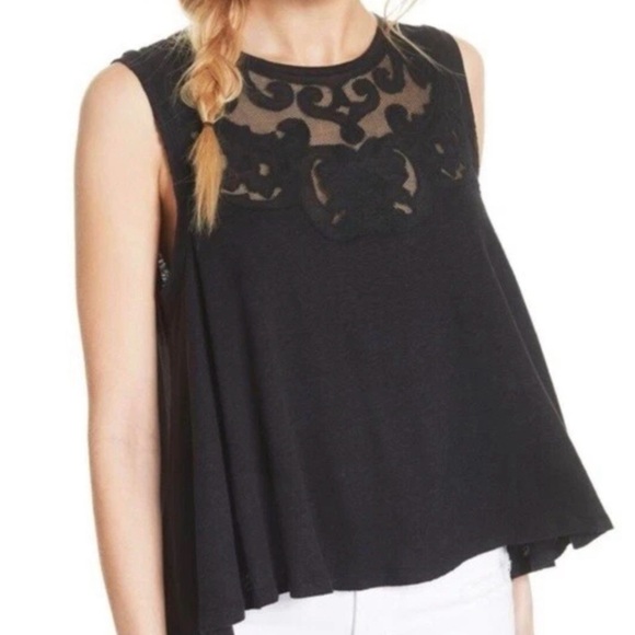 FREE PEOPLE Linen Blend Sleeveless Blouse Tank Top Embroidered Lace Womens Sz XS - Picture 2 of 12